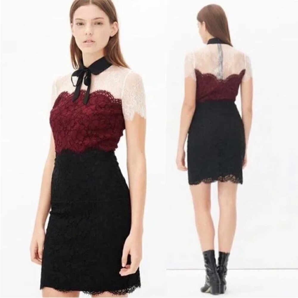 Sandro Rozen Dress Bordeaux Tri Color Guipure Lace Peter Pant Collar Mini SZ M